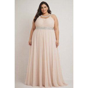 Grecian Gown Blush Pink Sleeveless Maxi Dress Silver Sequins Empire Waist XXL